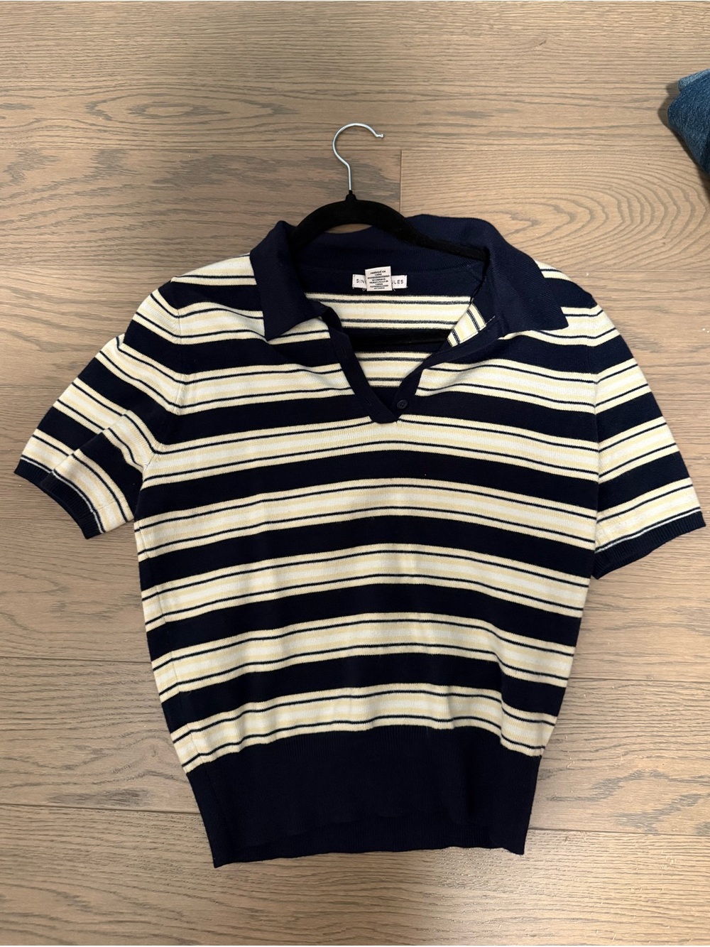 Sincerely Jules Navy and Yellow Striped Short-Sleeve Polo Top